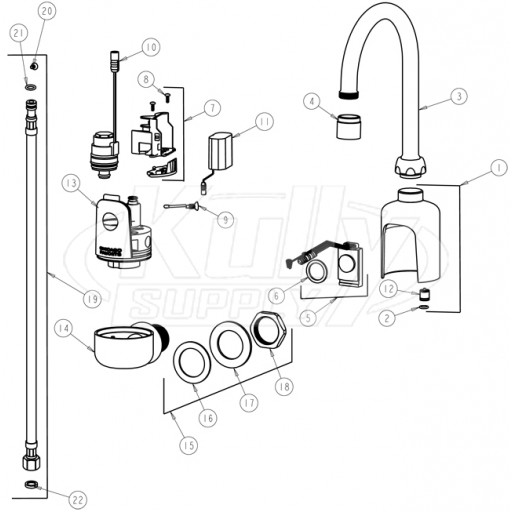 Chicago 116.104.21.1 Hytronic Wall-Mount Gooseneck Sensor Faucet Parts Breakdown