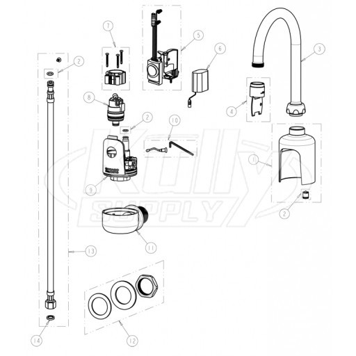 Chicago 116.104.AB.1 Hytronic Wall-Mount Gooseneck Sensor Faucet Parts Breakdown