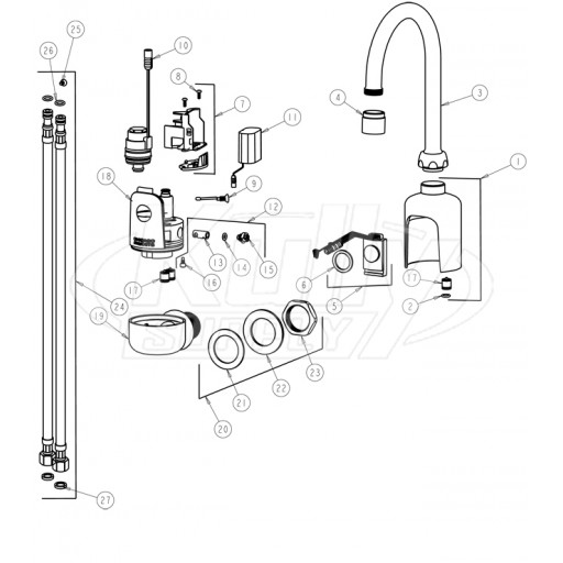 Chicago 116.114.21.1 Hytronic Wall-Mount Gooseneck Sensor Faucet Parts Breakdown