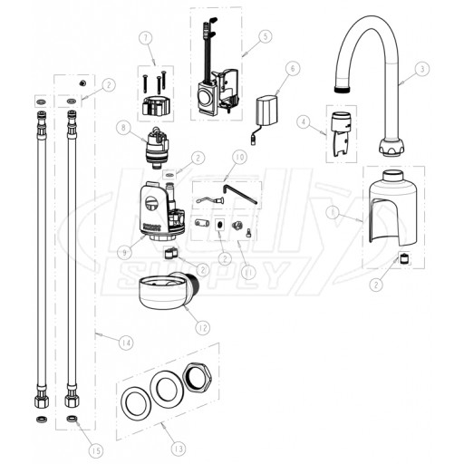 Chicago 116.114.AB.1 Hytronic Wall-Mount Gooseneck Sensor Faucet Parts Breakdown