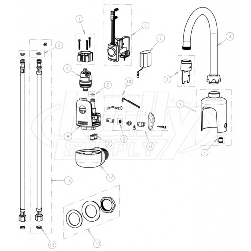 Chicago 116.124.AB.1 Hytronic Wall-Mount Gooseneck Sensor Faucet Parts Breakdown