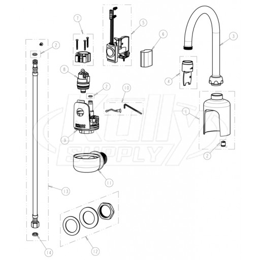 Chicago 116.204.AB.1 Hytronic Wall-Mount Gooseneck Sensor Faucet Parts Breakdown