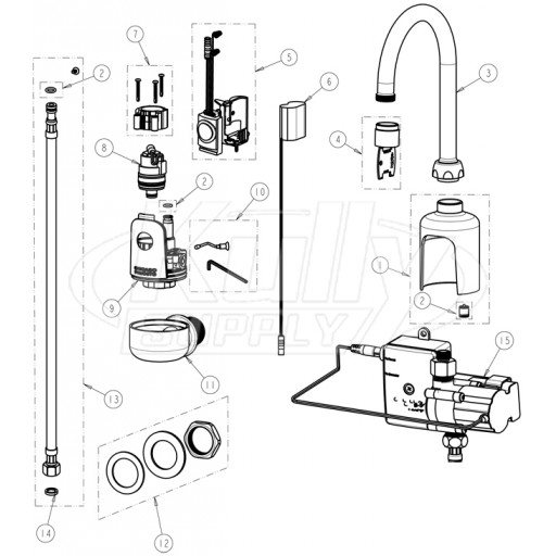 Chicago 116.904.AB.1 Hytronic Wall-Mount Gooseneck Sensor Faucet Parts Breakdown