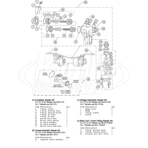 Wilkins 375XL - 1/2", 3/4" & 1" Models Parts Breakdown