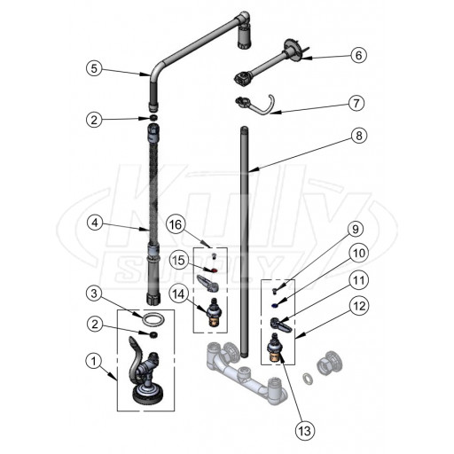 T&S Brass Overhead Swivel-Arm Pre-Rinse Parts Breakdown