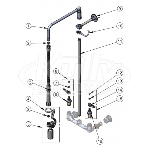 T&S Brass Overhead Swivel-Arm Low-Flow Pre-Rinse Parts Breakdown