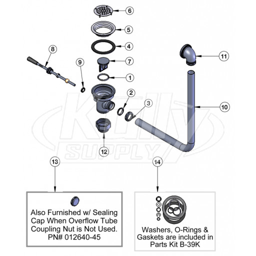 T&S Brass Lever Waste w/ Overflow Parts Breakdown