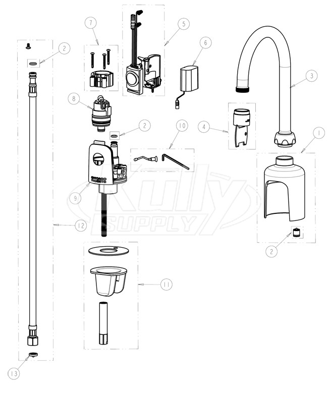 Chicago 116.103.AB.1 Hytronic Gooseneck Sensor Faucet Parts Breakdown