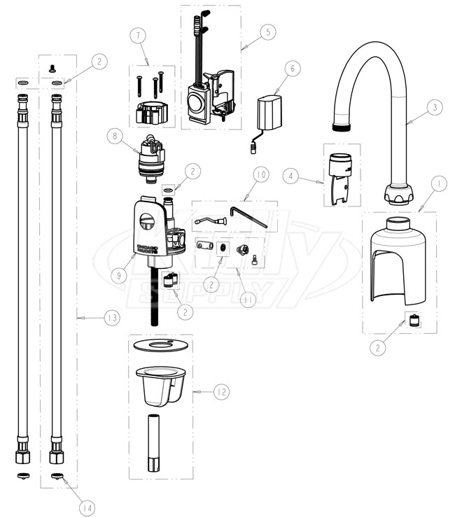 Chicago 116.113.AB.1 Hytronic Gooseneck Sensor Faucet Parts Breakdown