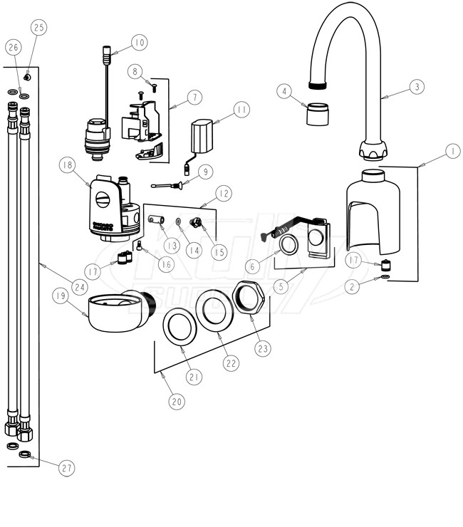 Chicago 116.114.21.1 Hytronic Wall-Mount Gooseneck Sensor Faucet Parts Breakdown