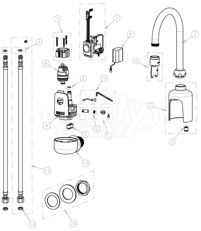 Chicago 116.114.AB.1 Hytronic Wall-Mount Gooseneck Sensor Faucet Parts Breakdown