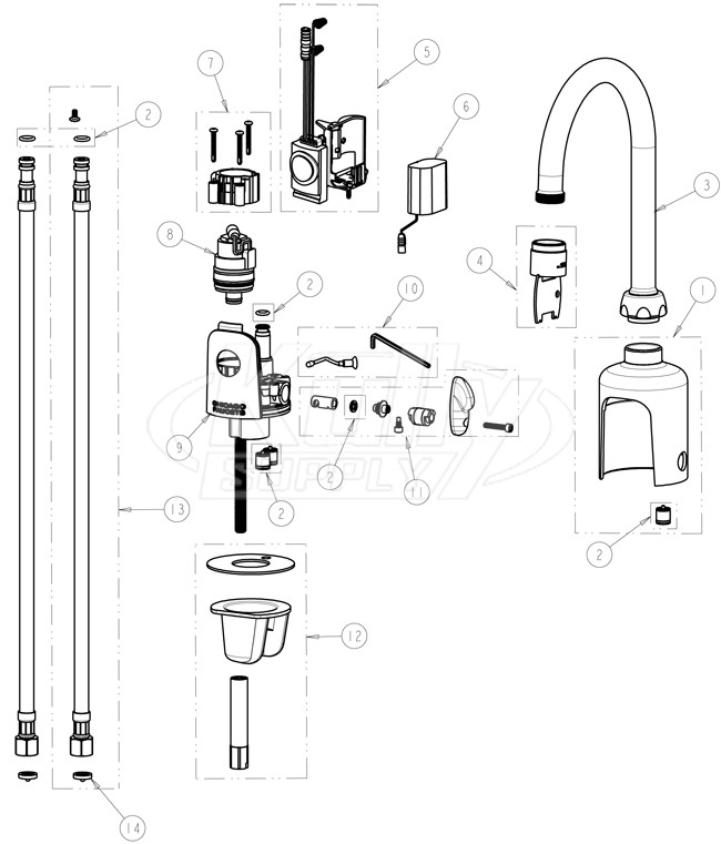 Chicago 116.123.AB.1 Hytronic Gooseneck Sensor Faucet Parts Breakdown