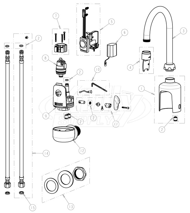 Chicago 116.124.AB.1 Hytronic Wall-Mount Gooseneck Sensor Faucet Parts Breakdown