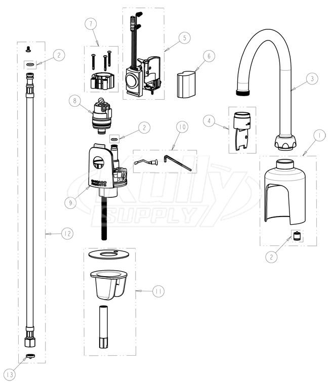 Chicago 116.203.AB.1 Hytronic Gooseneck Sensor Faucet Parts Breakdown