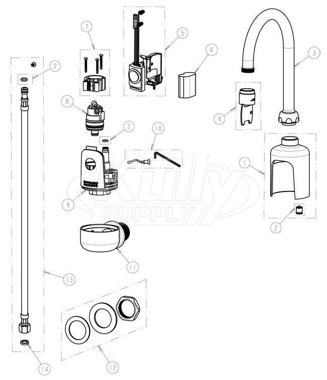 Chicago 116.204.AB.1 Hytronic Wall-Mount Gooseneck Sensor Faucet Parts Breakdown