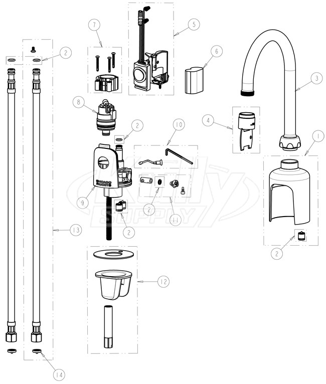 Chicago 116.213.AB.1 Hytronic Gooseneck Sensor Faucet Parts Breakdown