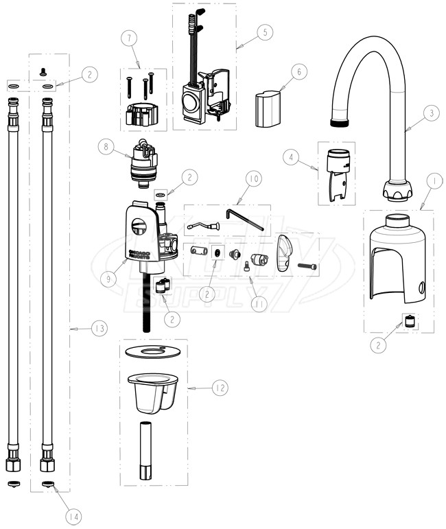 Chicago 116.223.AB.1 Hytronic Gooseneck Sensor Faucet Parts Breakdown