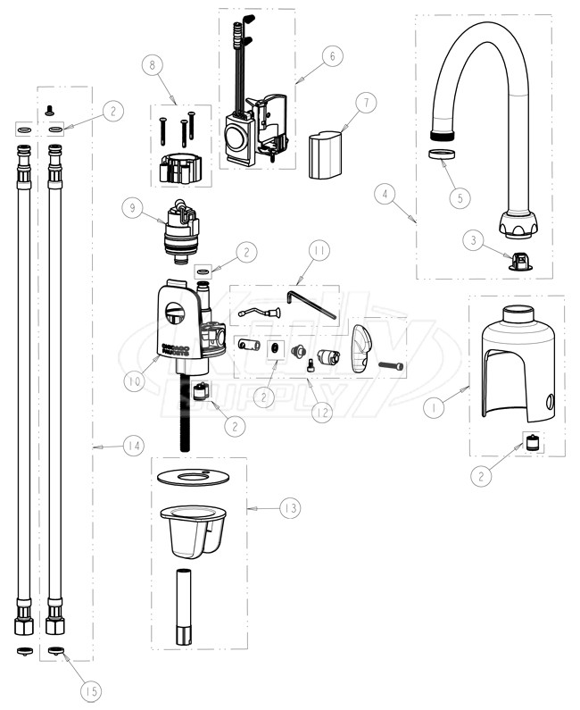 Chicago 116.432.AB.1 Hytronic Gooseneck Sensor Faucet Parts Breakdown