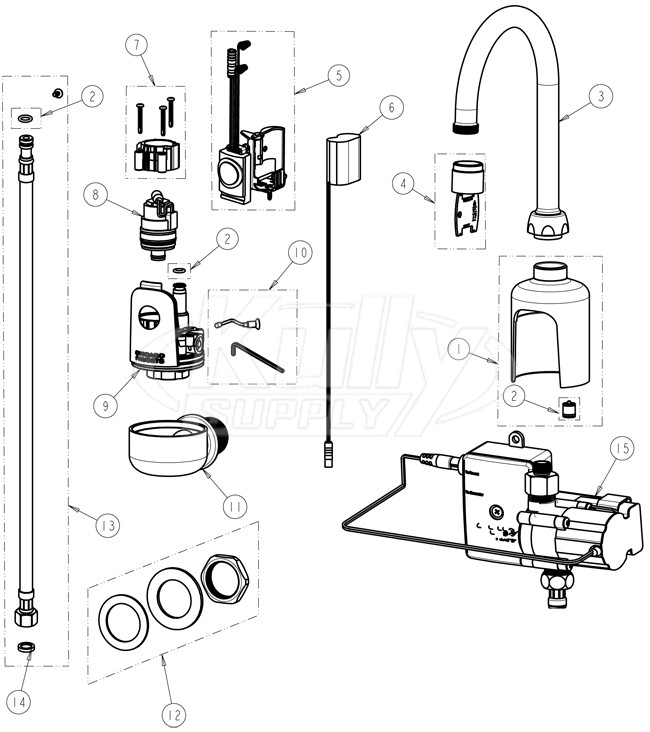 Chicago 116.904.AB.1 Hytronic Wall-Mount Gooseneck Sensor Faucet Parts Breakdown