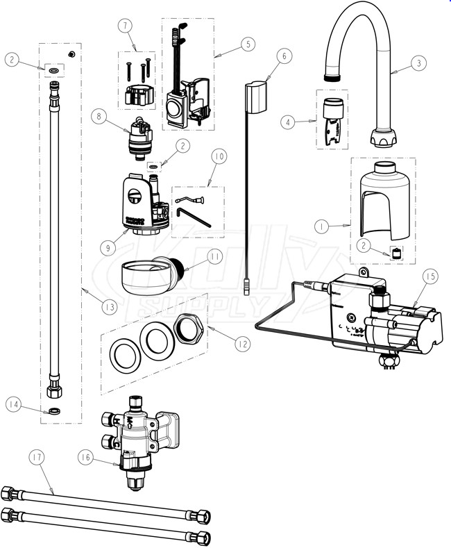 Chicago 116.924.AB.1 Hytronic Wall-Mount Gooseneck Sensor Faucet Parts Breakdown