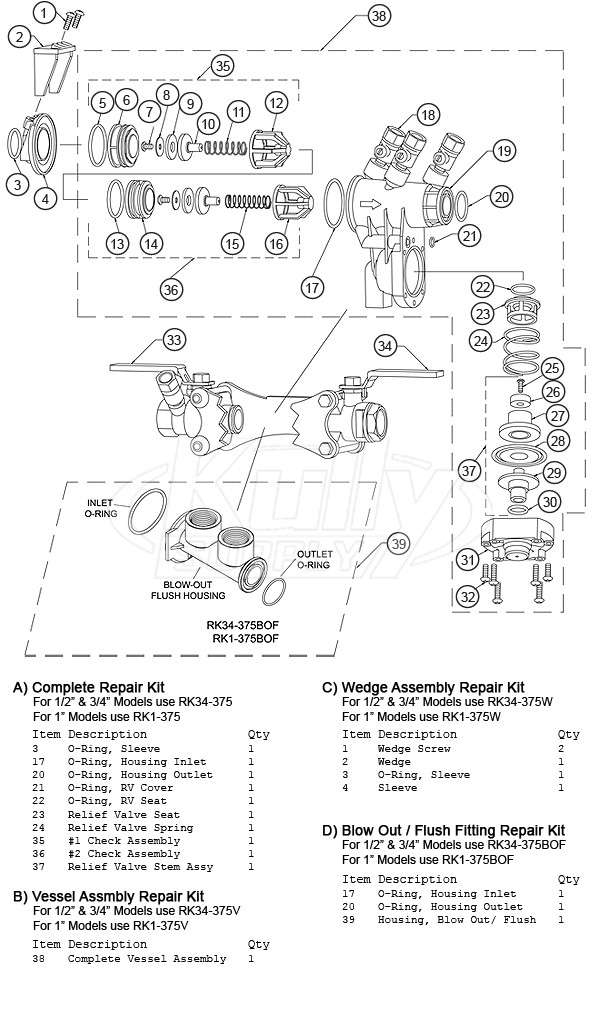 Wilkins 375XL - 1/2", 3/4" & 1" Models Parts Breakdown