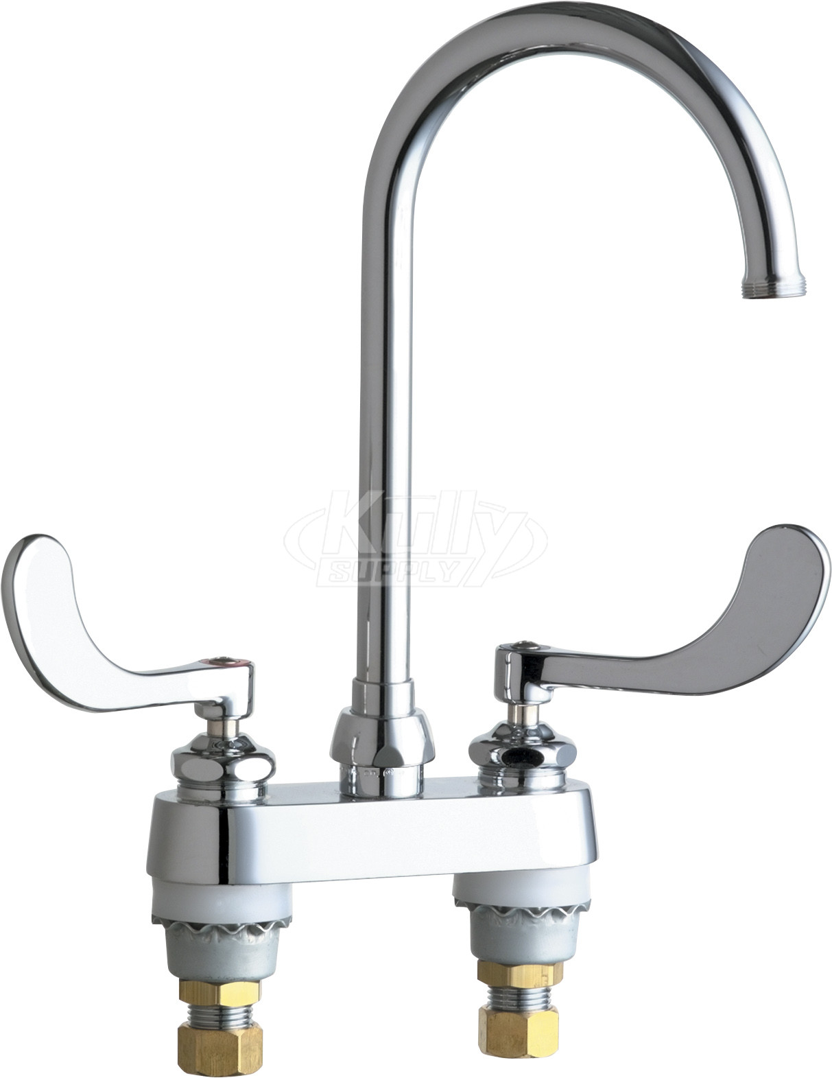 Chicago 895-317GN2AFCABCP E-Cast Sink Faucet, Gooseneck Spout, 1.6 GPM Laminar Flow Control Device in Spout, Indexed Wristblade Handles, Quaturn Operating Cartridges