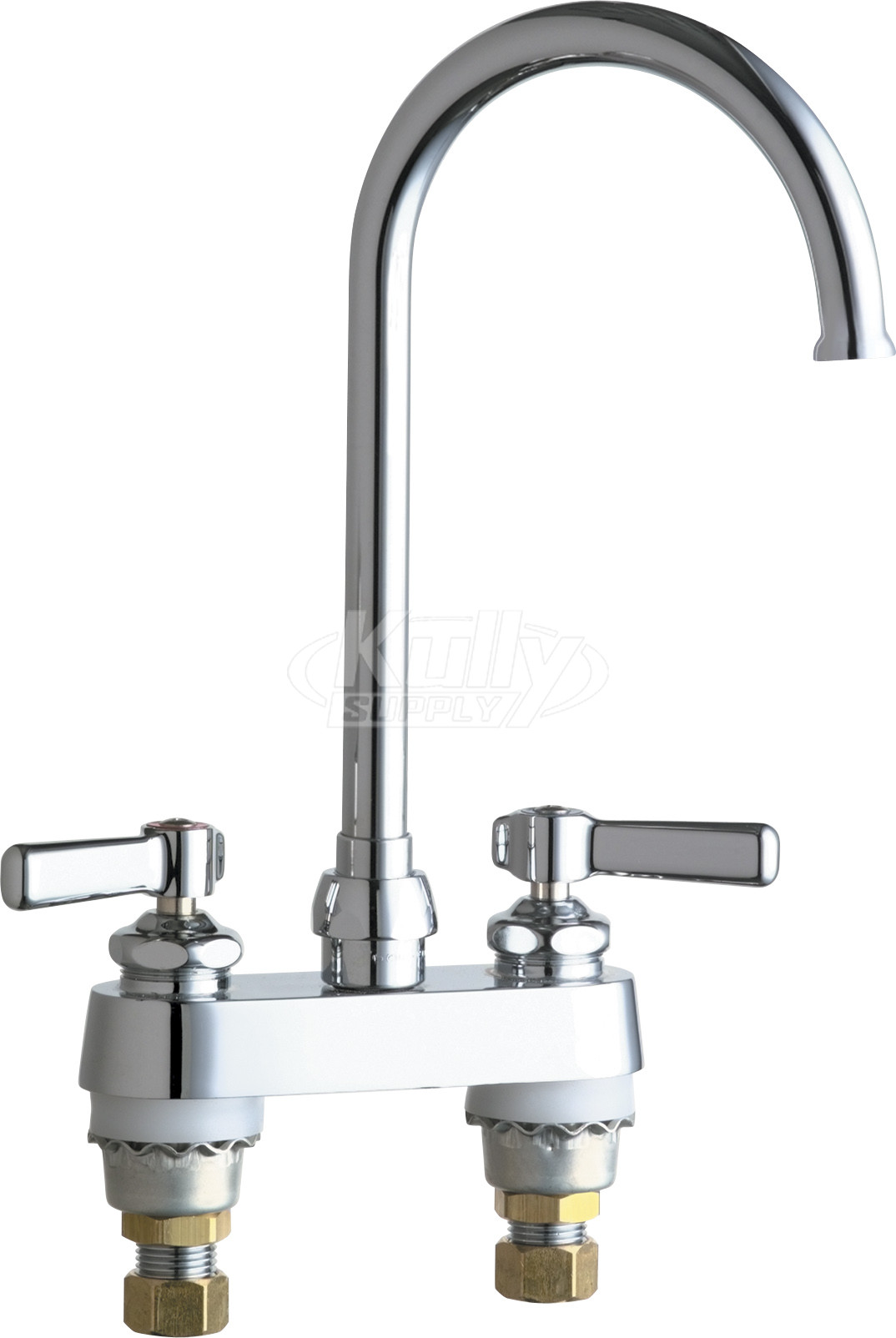 Chicago 895-GN2FCABCP E-Cast Sink Faucet, Plain End Gooseneck Spout, 1.6 GPM Laminar Flow Control Device in Spout, Indexed Lever Handles, Quaturn Operating Cartridges