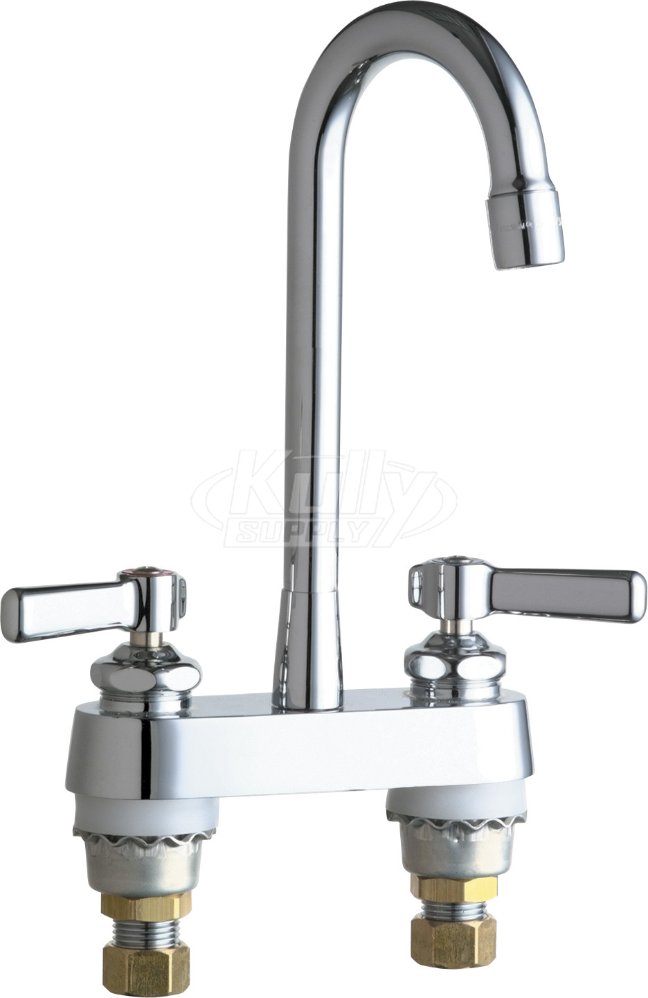 Chicago 895-RGD1ABCP E-Cast Sink Faucet, Rigid Gooseneck Spout, 2.2 GPM Softflo Aerator, Indexed Lever Handles, Quaturn Operating Cartridges
