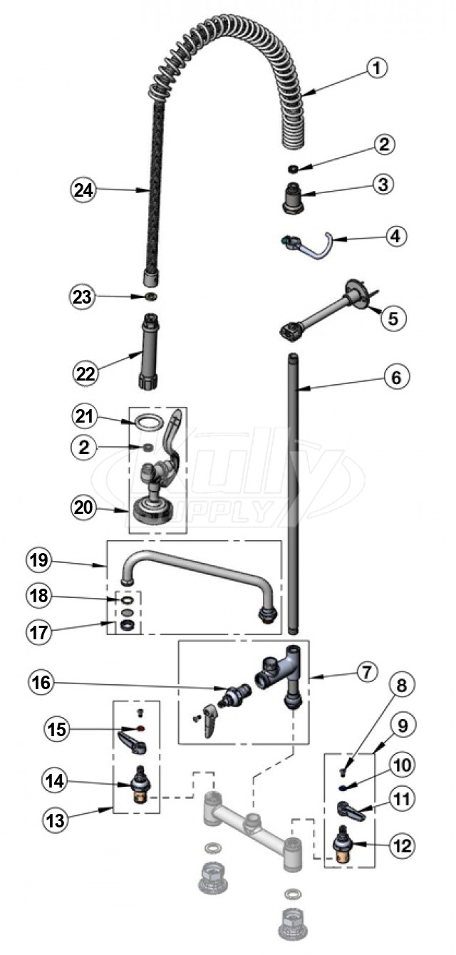 T S Brass Spring Hose Pre Rinse W Add On Faucet Parts Breakdown Kullysupply Com