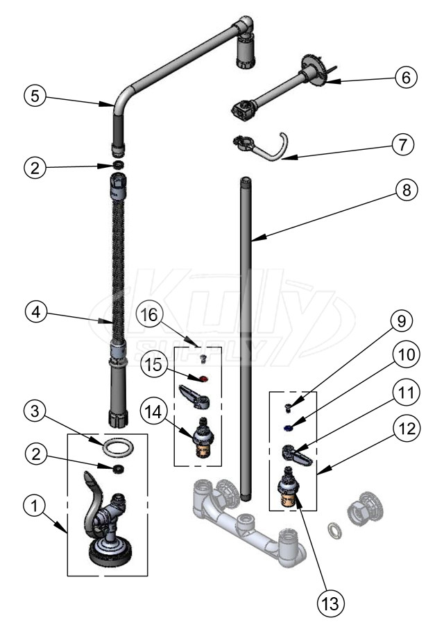 T&S Brass Overhead Swivel-Arm Pre-Rinse Parts Breakdown