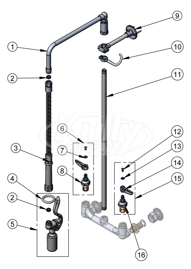 T&S Brass Overhead Swivel-Arm Low-Flow Pre-Rinse Parts Breakdown