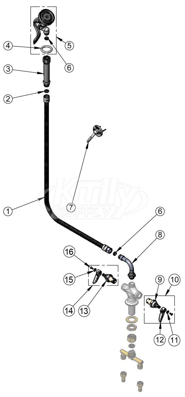 T&S Brass B-0160 Deck Mounted Faucet with Spray Valve Parts Breakdown