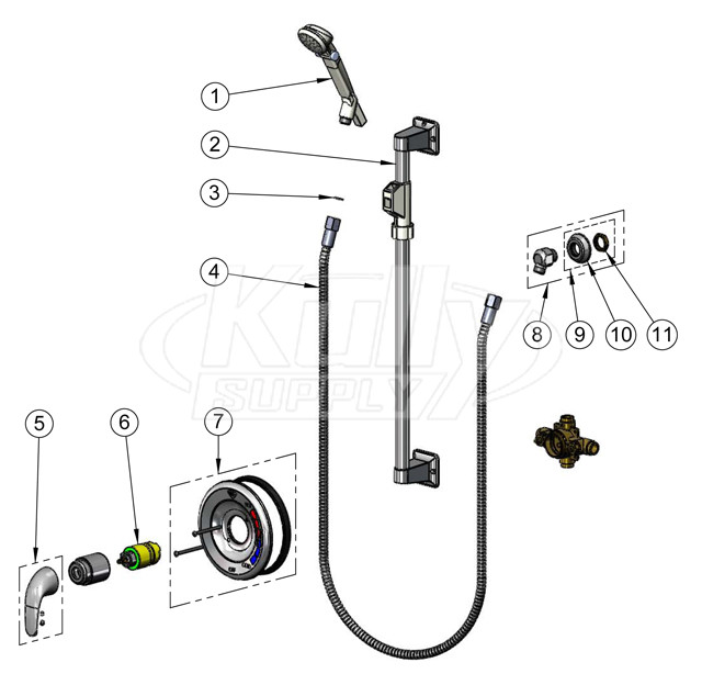 T&S Brass B-3205 Shower Valve Parts Breakdown