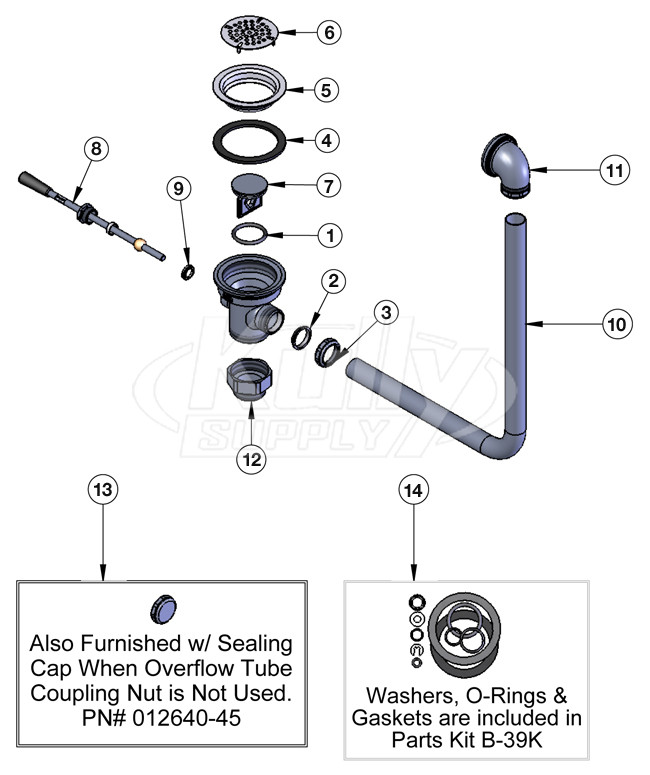 T&S Brass Lever Waste w/ Overflow Parts Breakdown