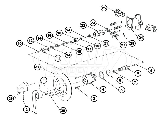 Bradley Thermostatic Shower Valve April 2003 to Present For Individual, Econo-Wall, Wall Saver, & Panelon Showers Parts Breakdown